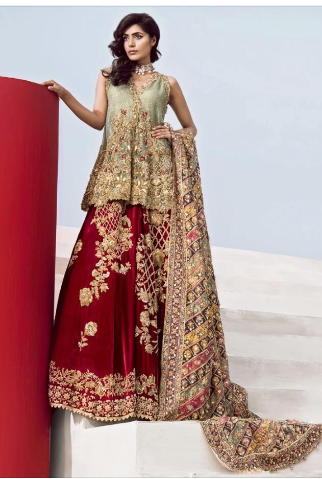 Pakistani Luxury Bridal Outfit in Red and Green Color #N7017