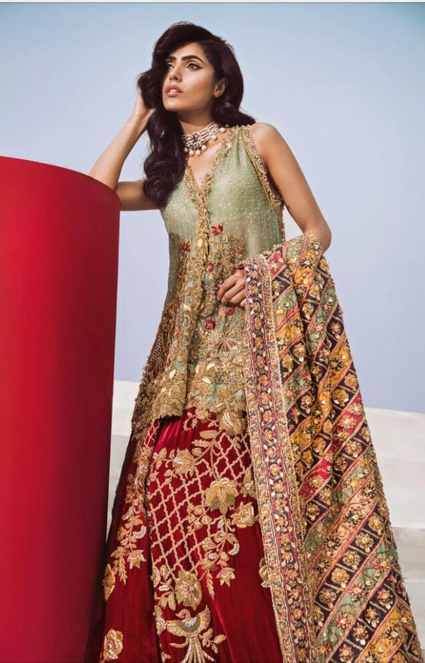 red and green pakistani dress Pakistani Bridal Wear Red Blouse Lehenga Mint Green Dupatta