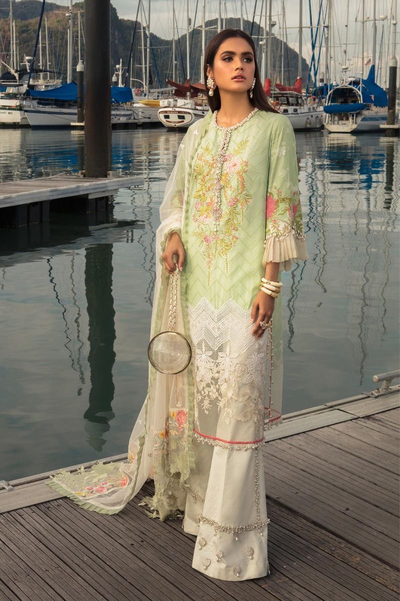 Pakistani Luxury Lawn Suit in Apple Green Color
