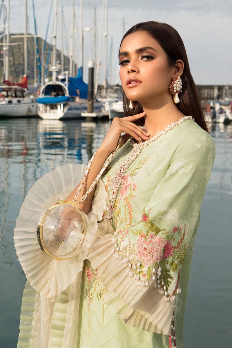 Pakistani Luxury Lawn Suit in Apple Green Color Close Up
