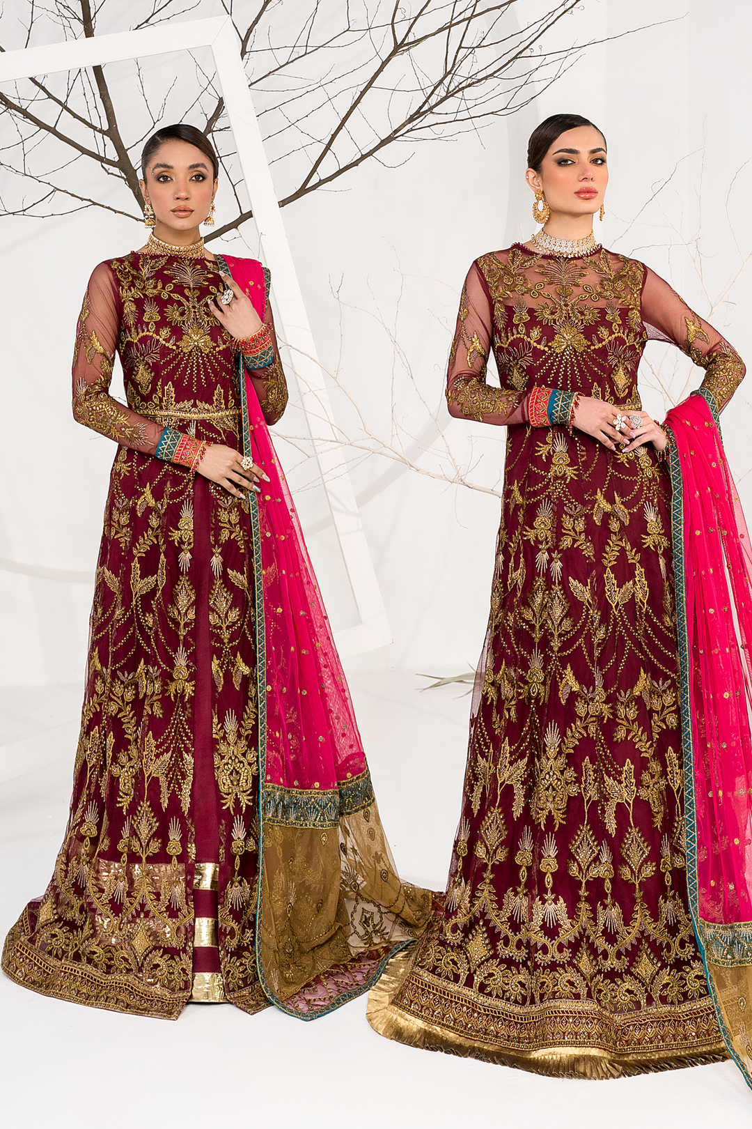 Pakistani Maroon Embroidered Pishwas Dress