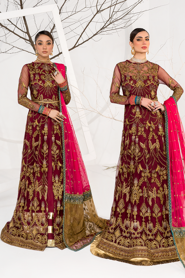 Pakistani Maroon Embroidered Pishwas Dress