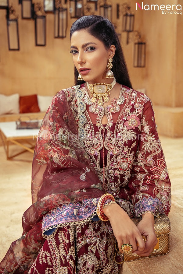 Pakistani Maroon Color Dress for Wedding Party Neckline Embroidery