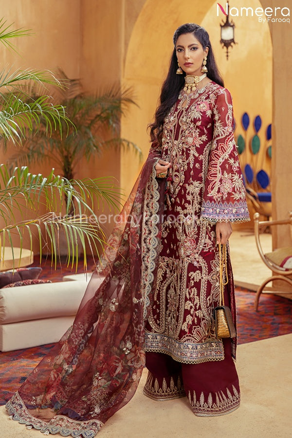 Pakistani Maroon Color Dress for Wedding Party