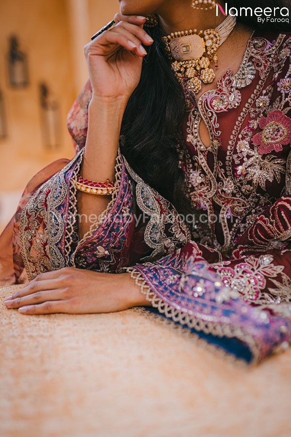 Pakistani Maroon Color Dress for Wedding Party CLose Up