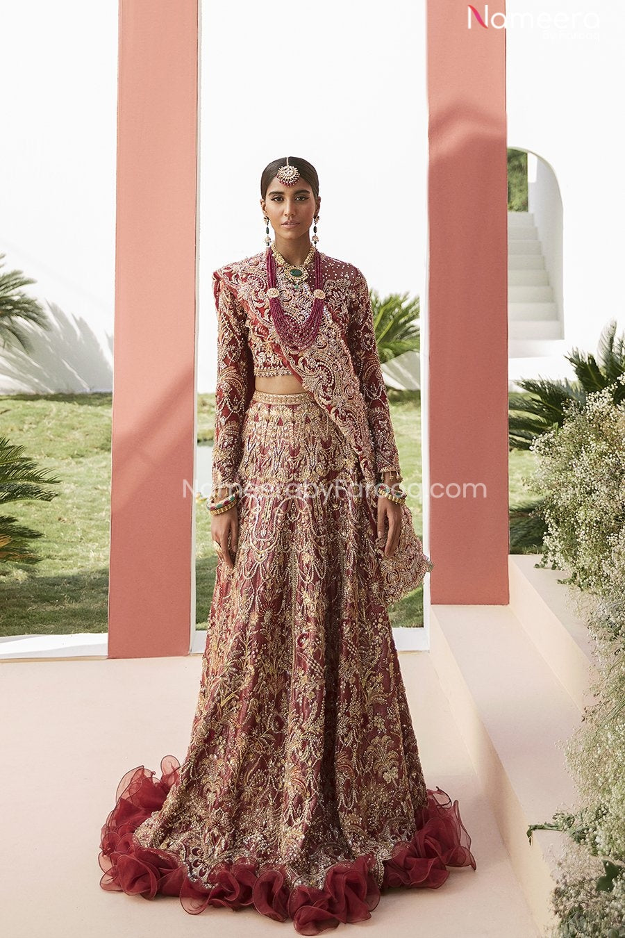 Pakistani Maroon Lehenga Bridal Dress with Choli