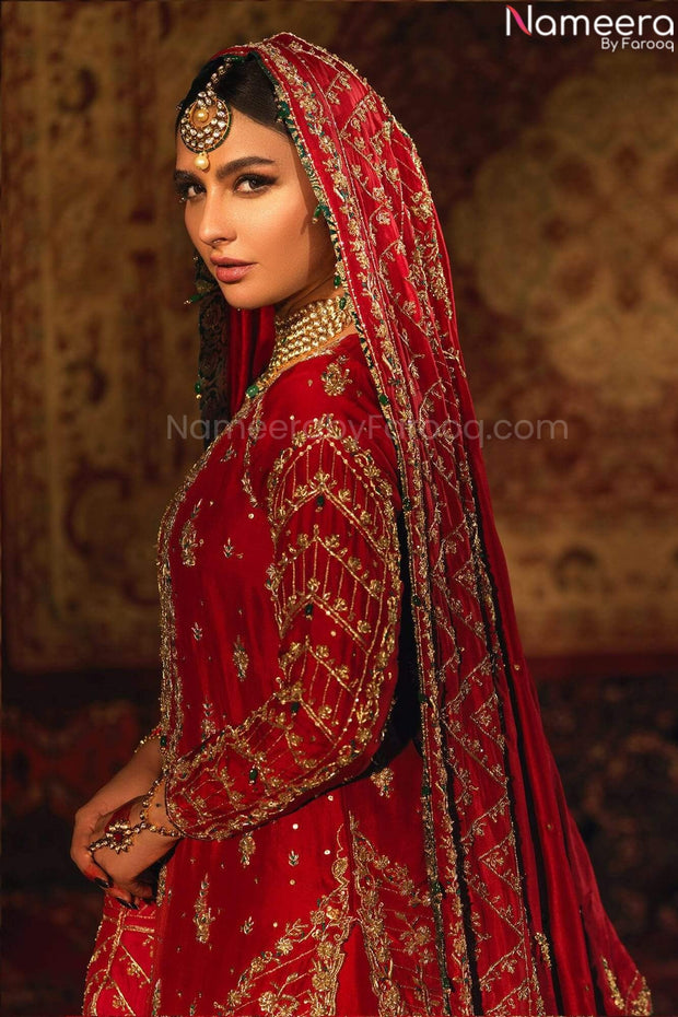 Pakistani Maroon Lehenga Shirt for Barat Wedding Wear 