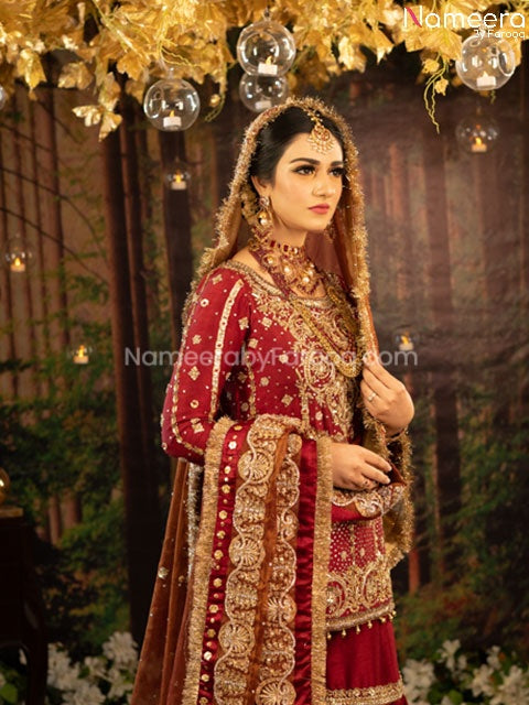 Elegant Pakistani Maroon Wedding Dress Online heavy Embroidered Dupatta