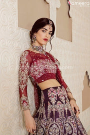Pakistani Maroon Wedding Lehenga Design Online Neckline View