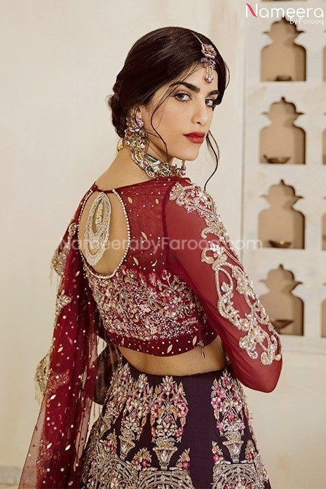 Pakistani Maroon Wedding Lehenga Design Online Backside Look