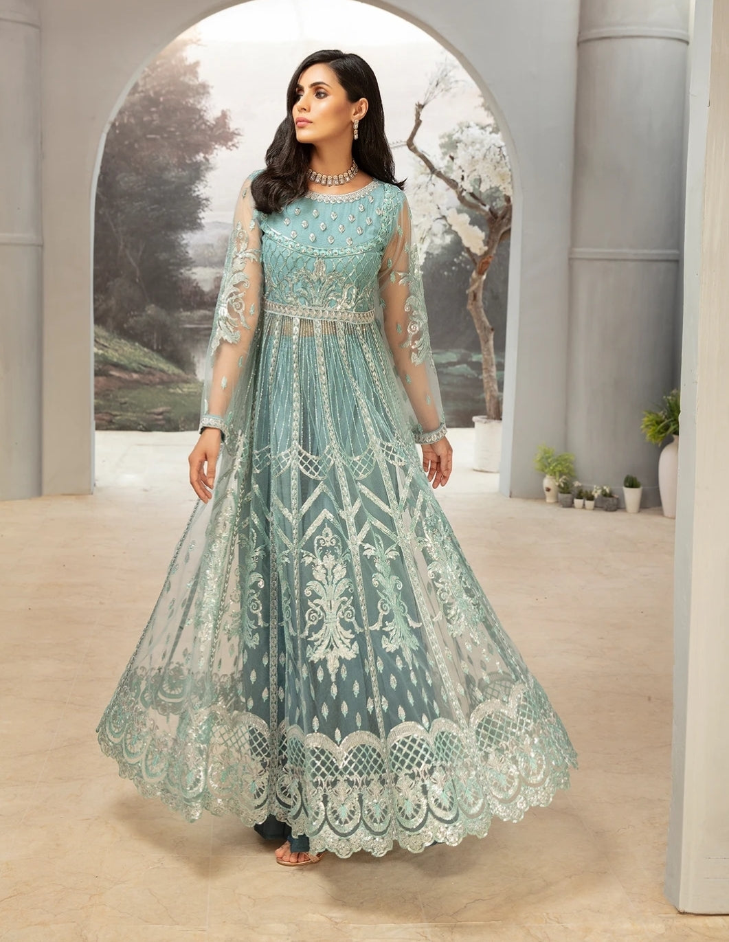 Buy Trendy Pakistani Maxi Dress In Light Turquoise Nameera by Farooq