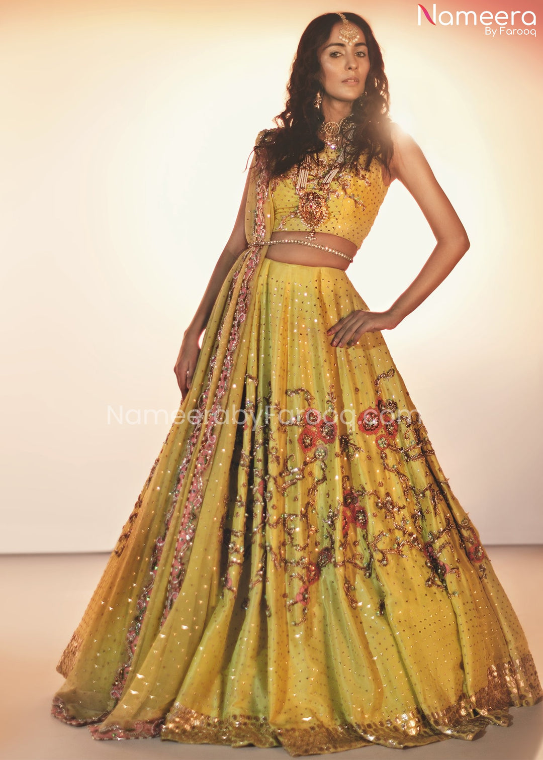Pakistani Mehndi Ghagra Choli with Embroidery Front Look