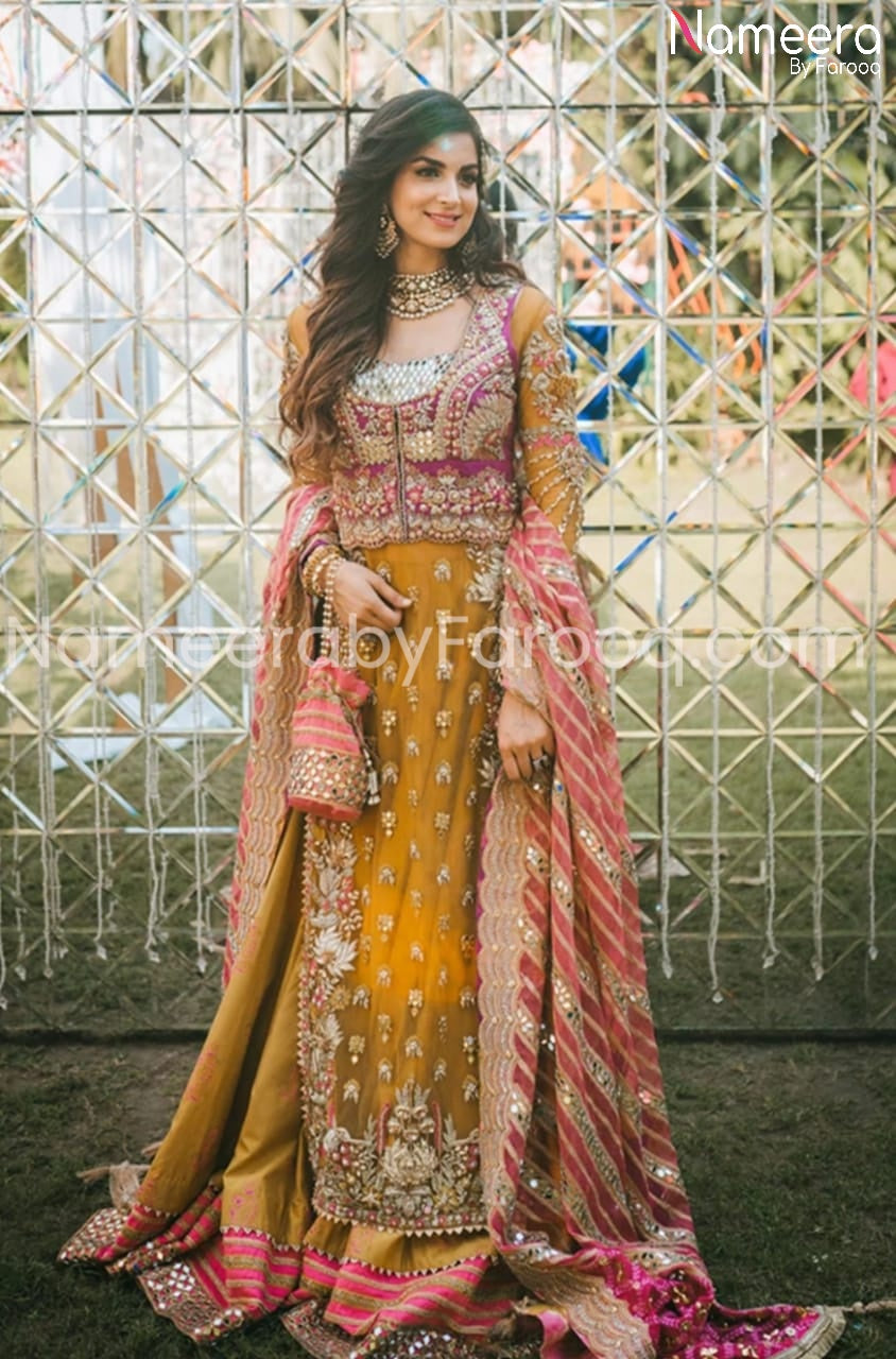 Pakistani Mehndi Party Lehnga in Mustard Color