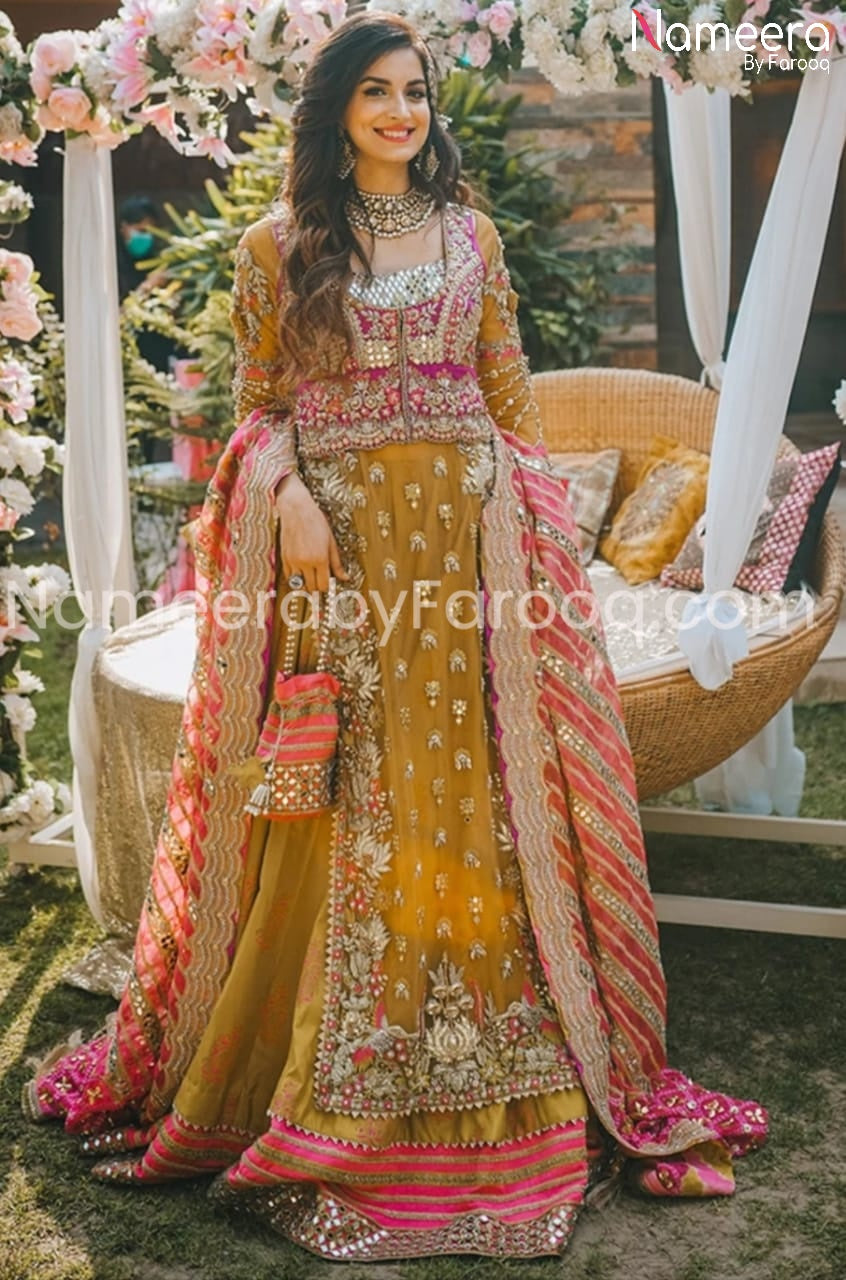 Pakistani Mehndi Party Lehnga in Mustard Color