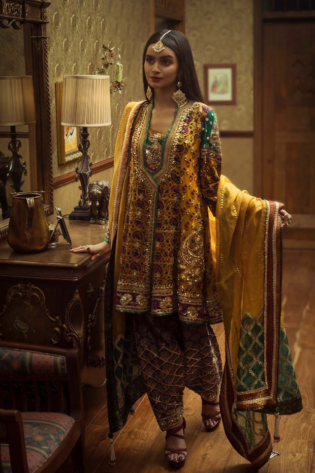 Pakistani Mehndi Party Outfit in Mustard Color