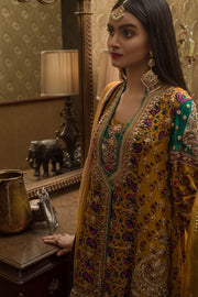Pakistani Mehndi Party Outfit in Mustard Color Close Up