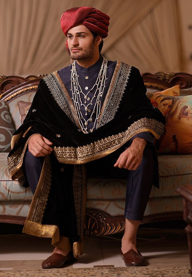 Pakistani Men Blue Sherwani with Dupatta Shawl