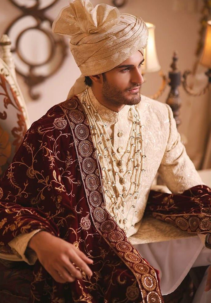 Pakistani Men Skin Sherwani with Shawl in Red