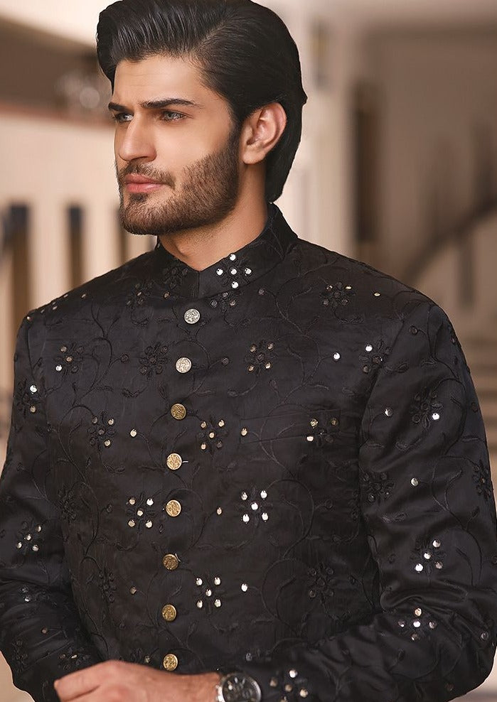 Pakistani Mens Black Sherwani 
