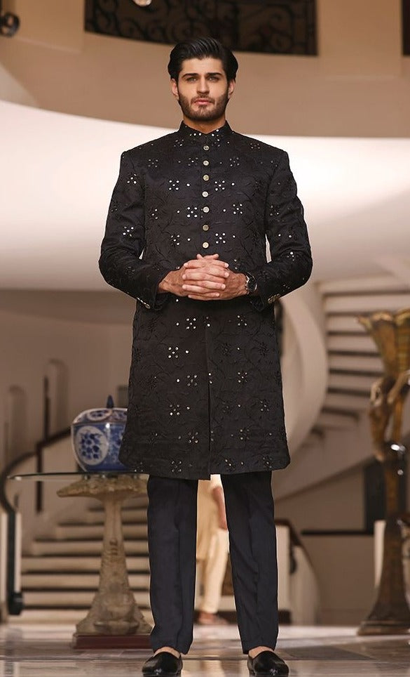 Pakistani Mens Black Sherwani Designer Dress