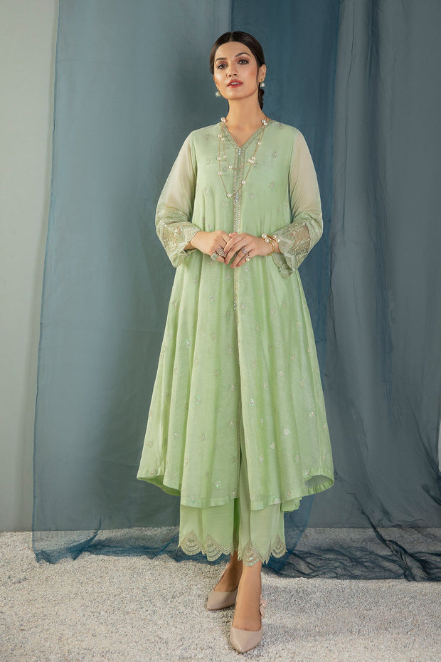 Pakistani Mint Green Kameez in Gown Style Party Wear