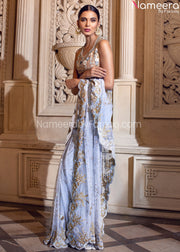 Pakistani Modern Bridal Saree in Sky Blue Color Overall Look