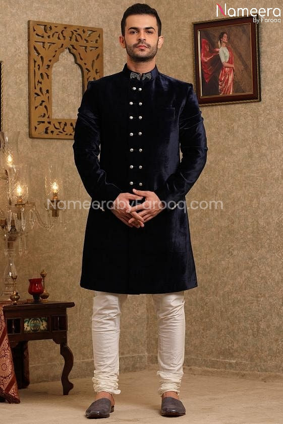 Pakistani Navy Blue Sherwani for Groom Online Front Look