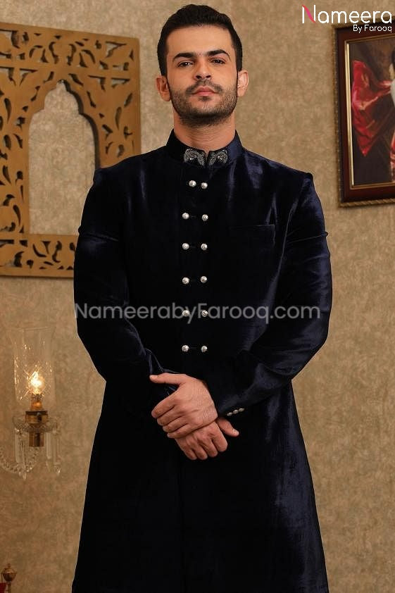Pakistani Navy Blue Sherwani for Groom Online Closeup