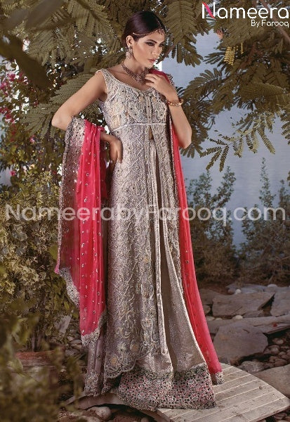 Pakistani Net Gown Shirt with Sharara for Bridal  Silver Color