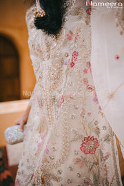 Pakistani Off White Party Dress with Embroidery Neckline Embroidery