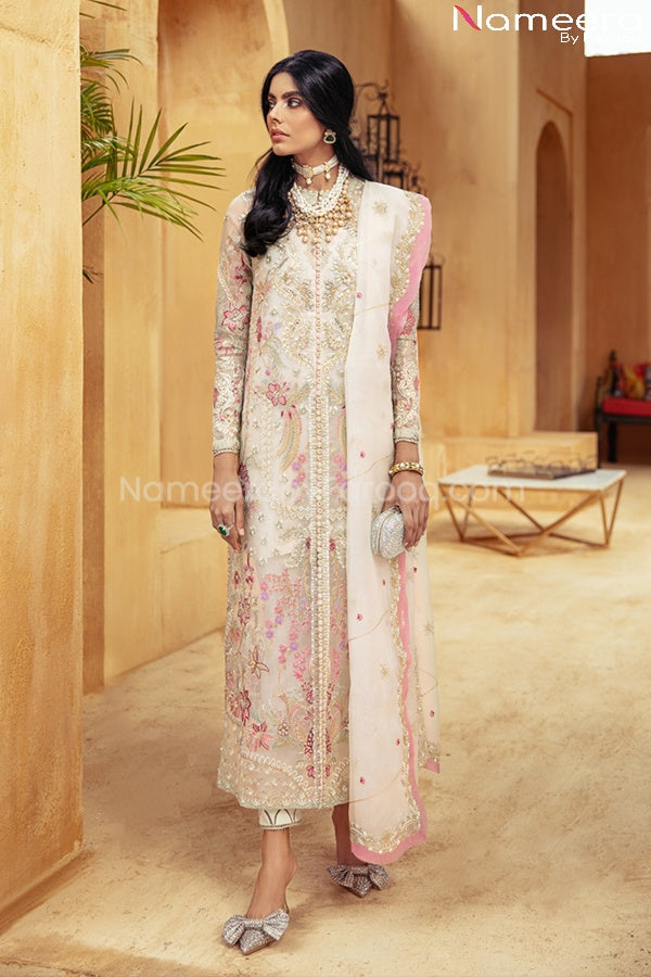 Buy Latest Pakistani Off White Party Dress with Embroidery