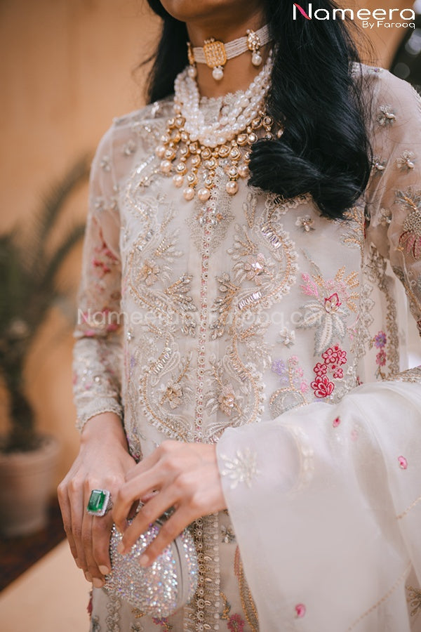 Pakistani Off White Party Dress with Embroidery