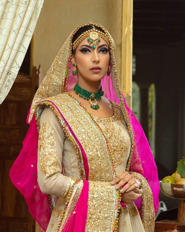 Pakistani Off White Pishwas Frock with Sharara and Dupatta Dress