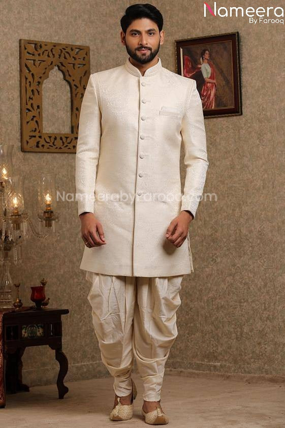 Pakistani Off White Simple Sherwani for Groom 