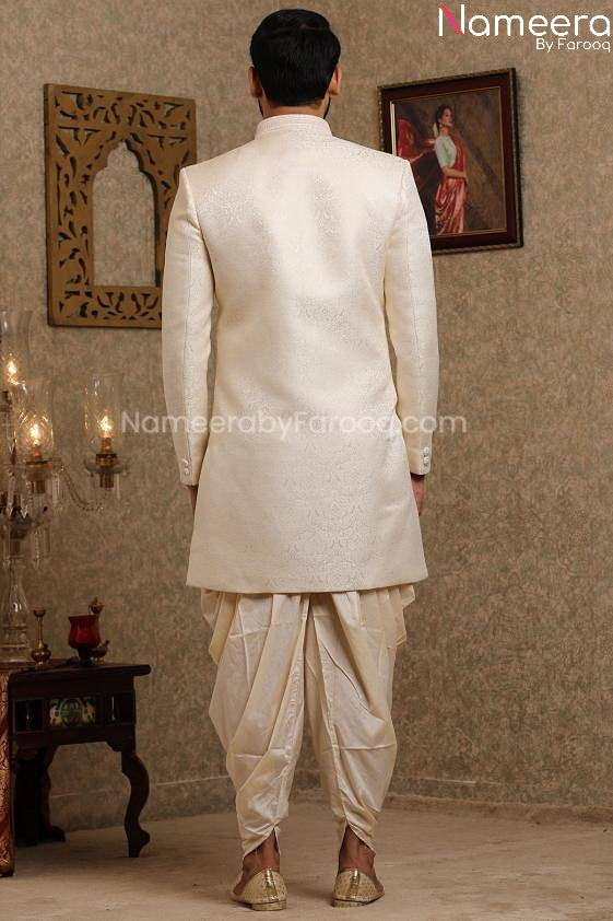 Pakistani Off White Simple Sherwani for Groom Backside View