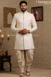 Pakistani Off White Simple Sherwani for Groom Front Look