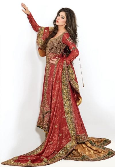 Pakistani Open Shirt Lehnga in Red Color Side Pose