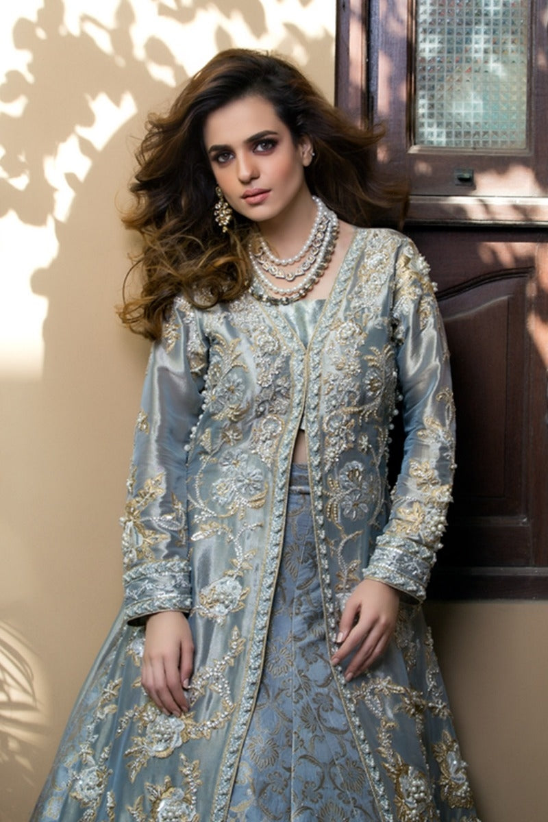 Pakistani Open Style Long Maxi in Gray Color Close Up