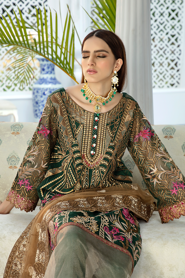 Pakistani Party Dress Silk Chiffon Parrot Green