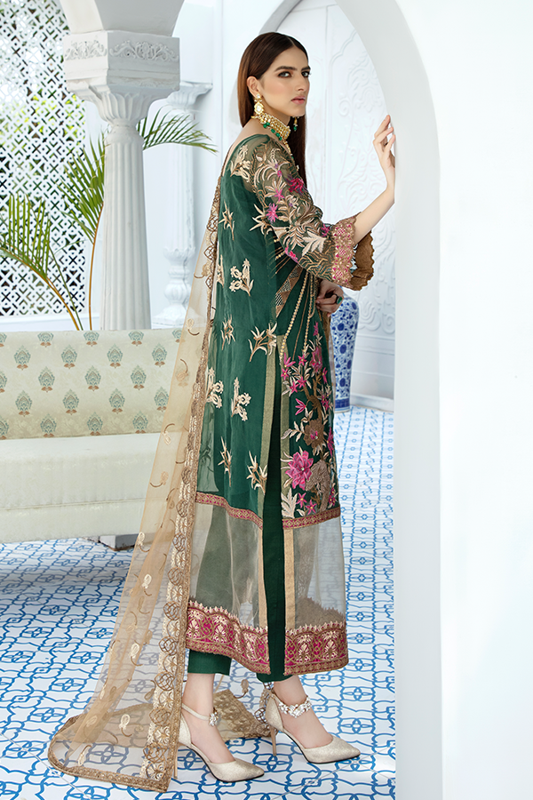 Pakistani Party Dress Silk Chiffon Party Dress in Green Color