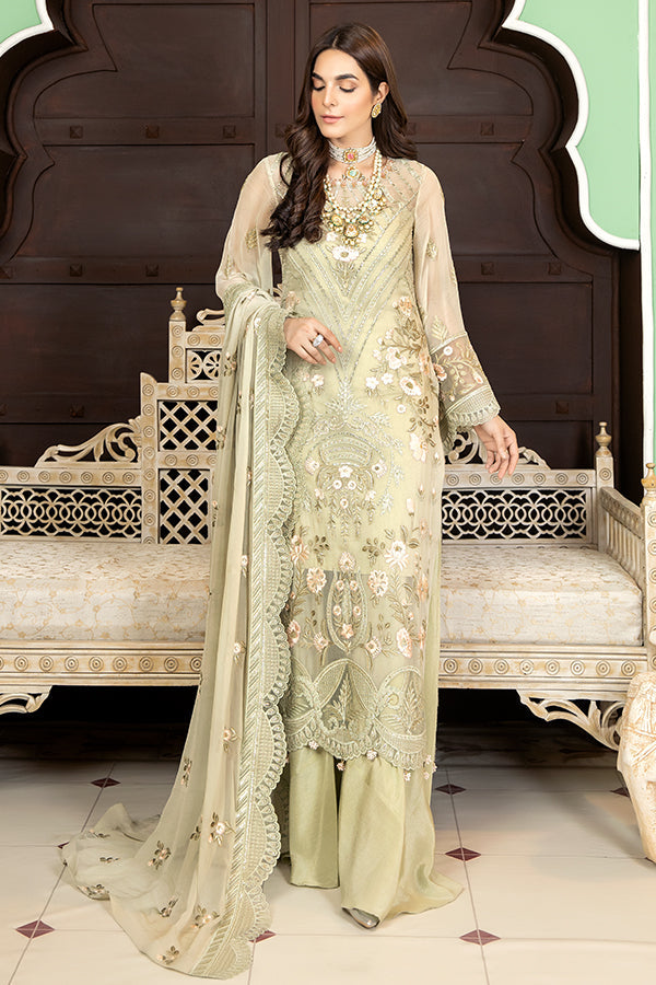Premium Pakistani Party Dress in Embroidered Chiffon Kameez Trousers and Dupatta Style