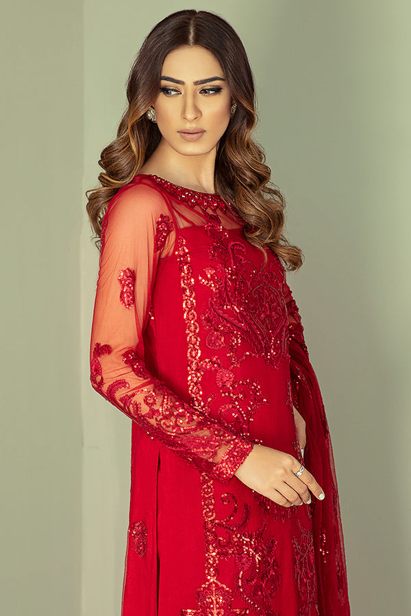 Pakistani Party Dress in Embroidered Kameez Trouser and Red Dupatta Style