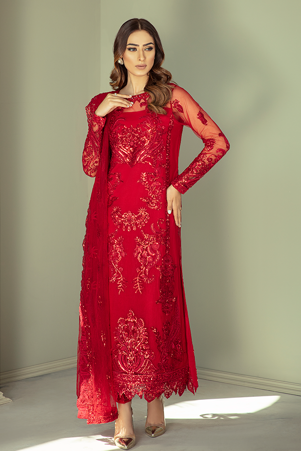 Pakistani Party Dress in Embroidered Kameez Trouser and Red Dupatta Style in Premium Net Online