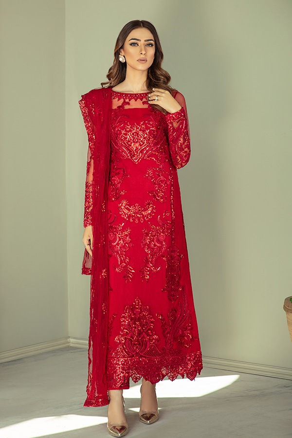 Pakistani Party Dress in Embroidered Kameez Trouser and Red Dupatta Style in Premium Net