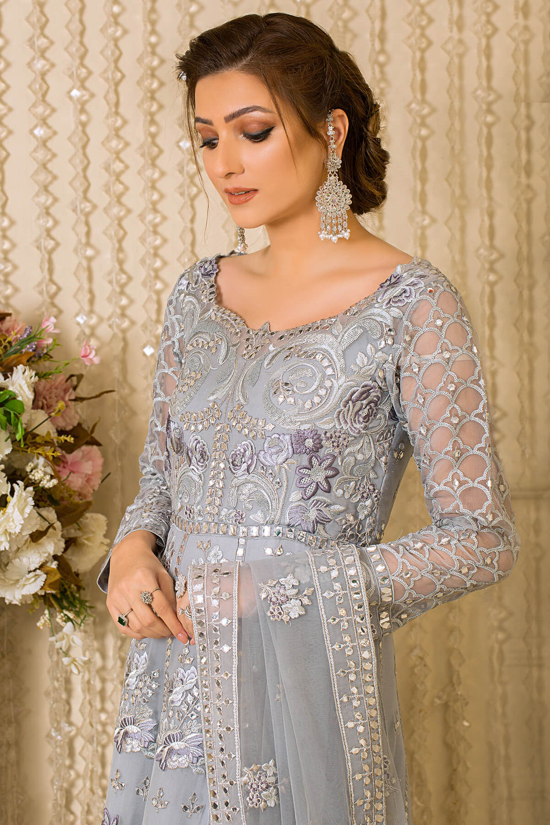 Pakistani Party Dress in Embroidered Pishwas Frock Trouser and Dupatta in Net
