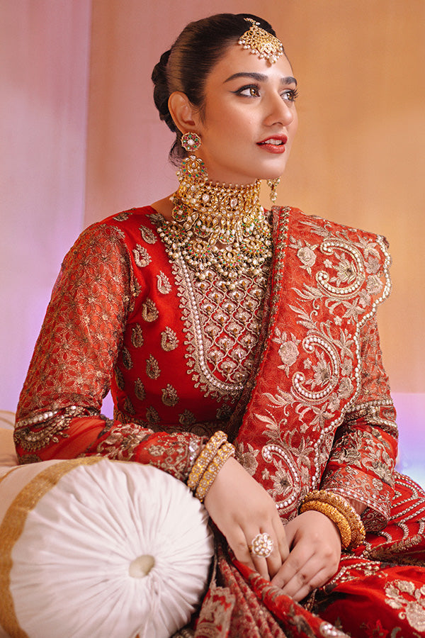 Pakistani Party Dress in Embroidered Raw Silk Red Lehenga and Traditional Pishwas Frock Style
