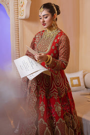 Pakistani Party Dress in Embroidered Raw Silk Red Lehenga and Traditional Pishwas Style Online