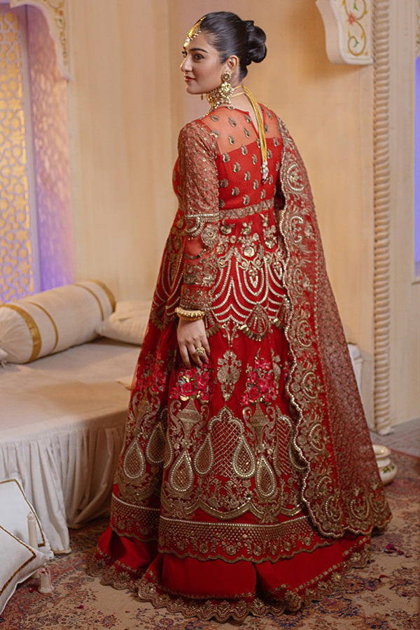 Pakistani Party Dress in Embroidered Raw Silk Red Lehenga and Traditional Pishwas Style