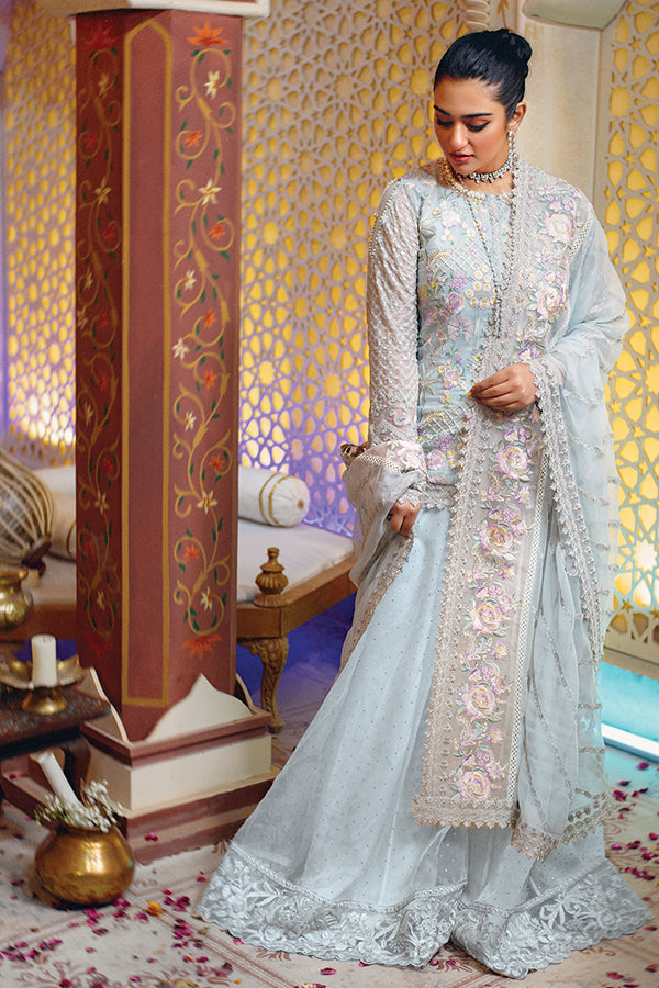 Pakistani Party Dress in Embroidered Sharara Kameez and Dupatta