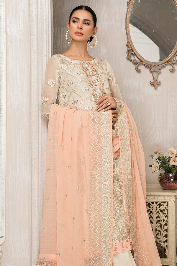 Pakistani Party Dress in Ethereal White Shade Latest